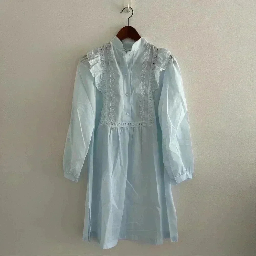 Vintage Christian Dior Blue Cotton Night Gown Dress S/4-6 - Picture 10 of 10
